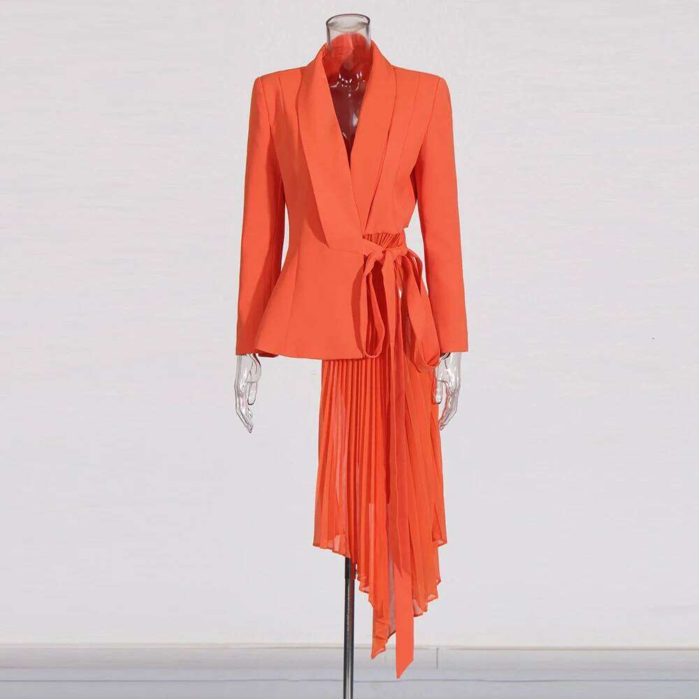 TWOTWINSTYLE Solid Asymmetrical Blazers For Women Shawl Collar Long Sleeve Tunic Patchwork Lace Up Designer Slim Coats Female