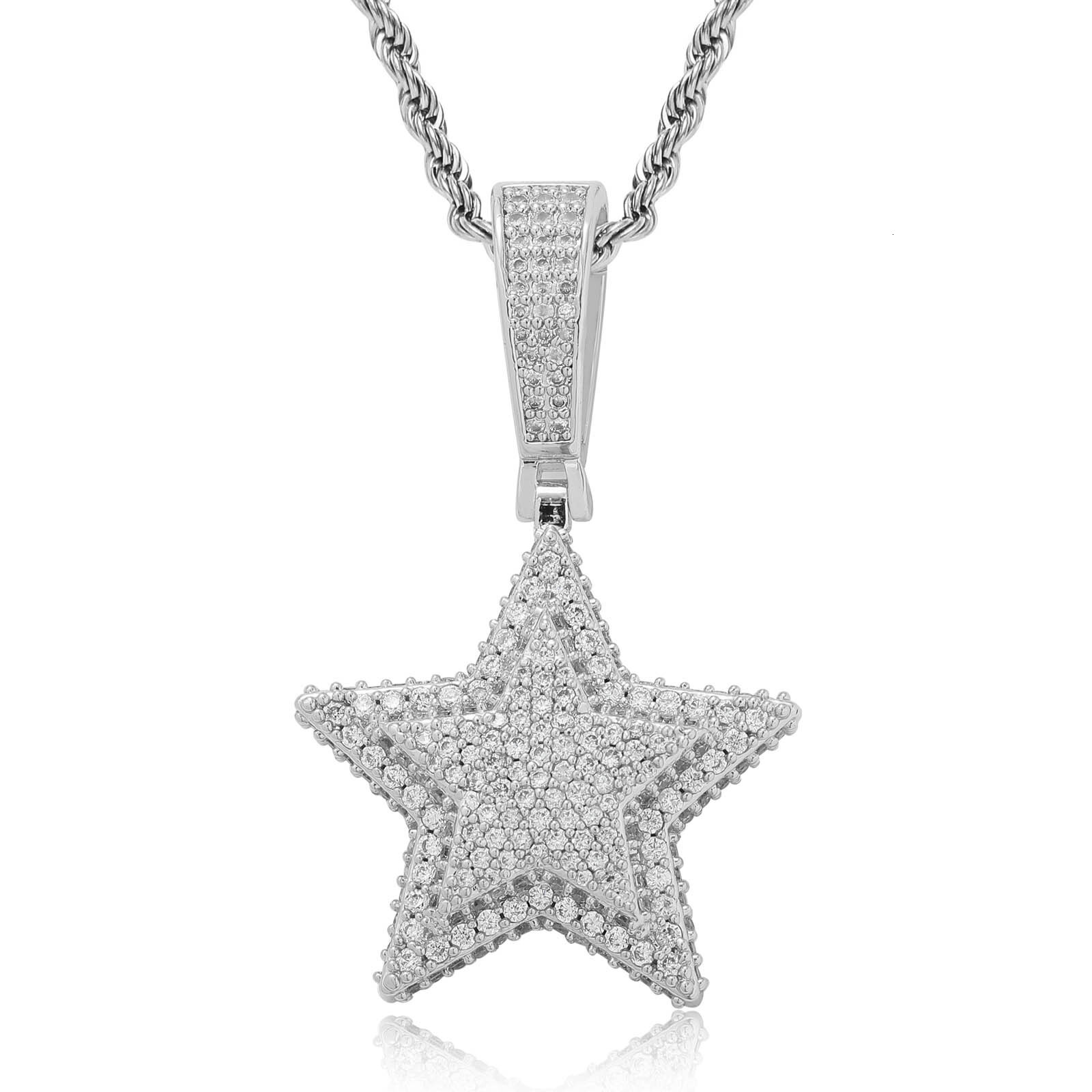 Hip Hop Double Layer Five Pointed Star Pendant Solid Ice Out Bling Unisex Accessory doll necklaces Pass the diamond tester