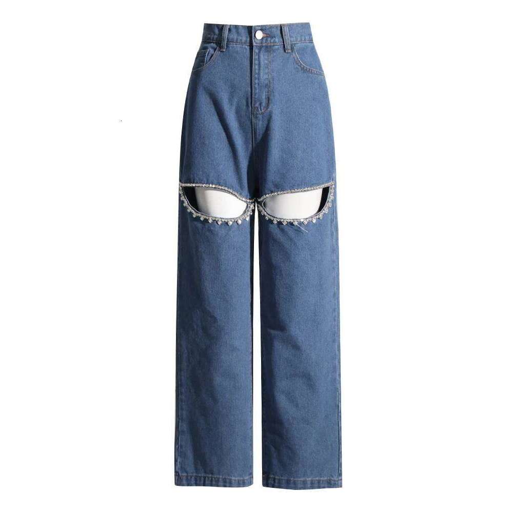 VGH Patchwork Dias Hollow Out Casual Jeans For Women High Waist Spliced Pockets Loose Straight Denim Wide Leg Pants Female