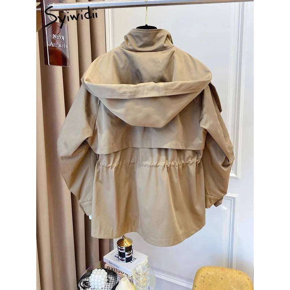 Syiwidii Jackets for Women Pocket Single Breasted Chic Casual Coat New Fashion Long Sleeve Zipper Drawstring Female Jacket