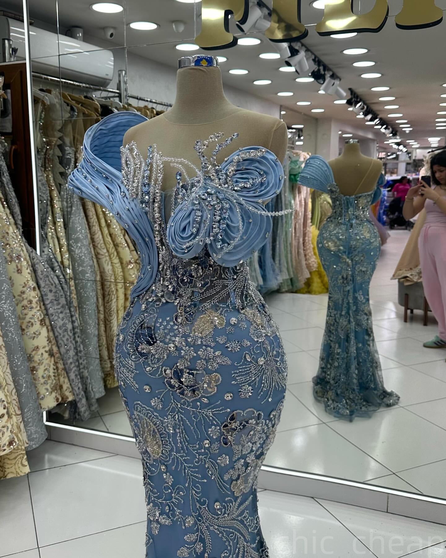 Sky Blue Mermaid Prom Dresses 2025 Rhinestones Floral Sequined Lace Evening Formal Party Second Birthday Engagement Gowns Plus Size Dress For Special 