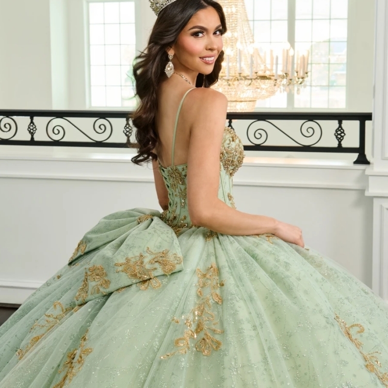 2025 Sage Quinceanera Dresses Ball Gown Gold Lace Applique Beaded Crystal Tull Bow Corset Sweet 16 Dress Vestido De 15 Anos