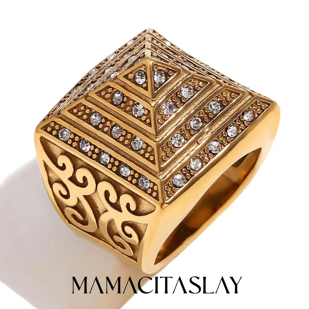 MamacitaSlay In Vintage Four Story Pyramid Vine Waterproof Men Ring Stainless Steel Jewelry Man Accessories Gifts 250624