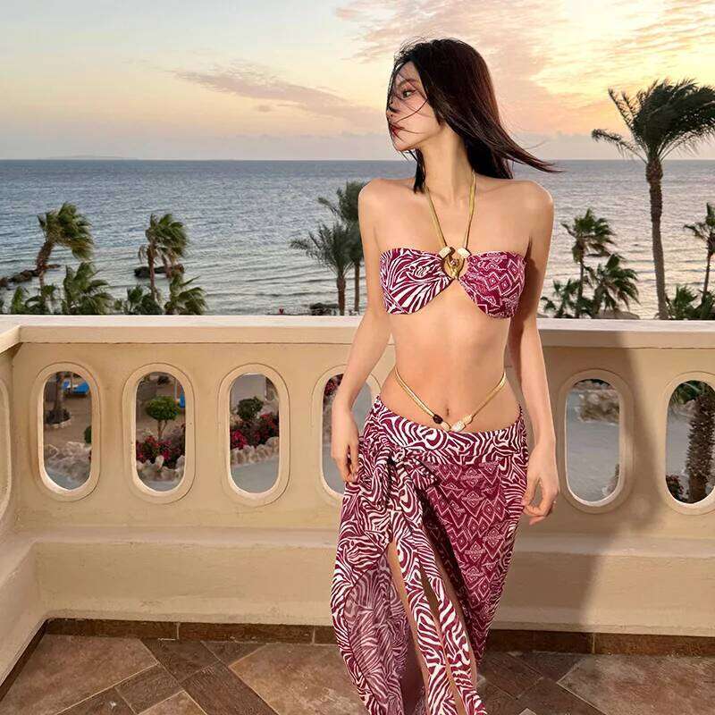 2025 Sexy Zebra Print Bikini Set with Beach Cover-Up Skirt UV Protection Push-Up Backless 3-Piece Swimsuit for Women Vacation