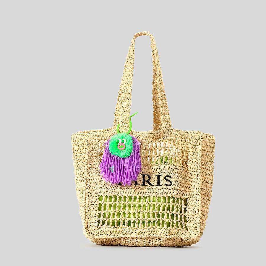 Casual Hollow Letters Straw Shoulder Bags For Women Paper Woven Large Tote Handmade Summer Beach Bag Big Shopper Purses 2024