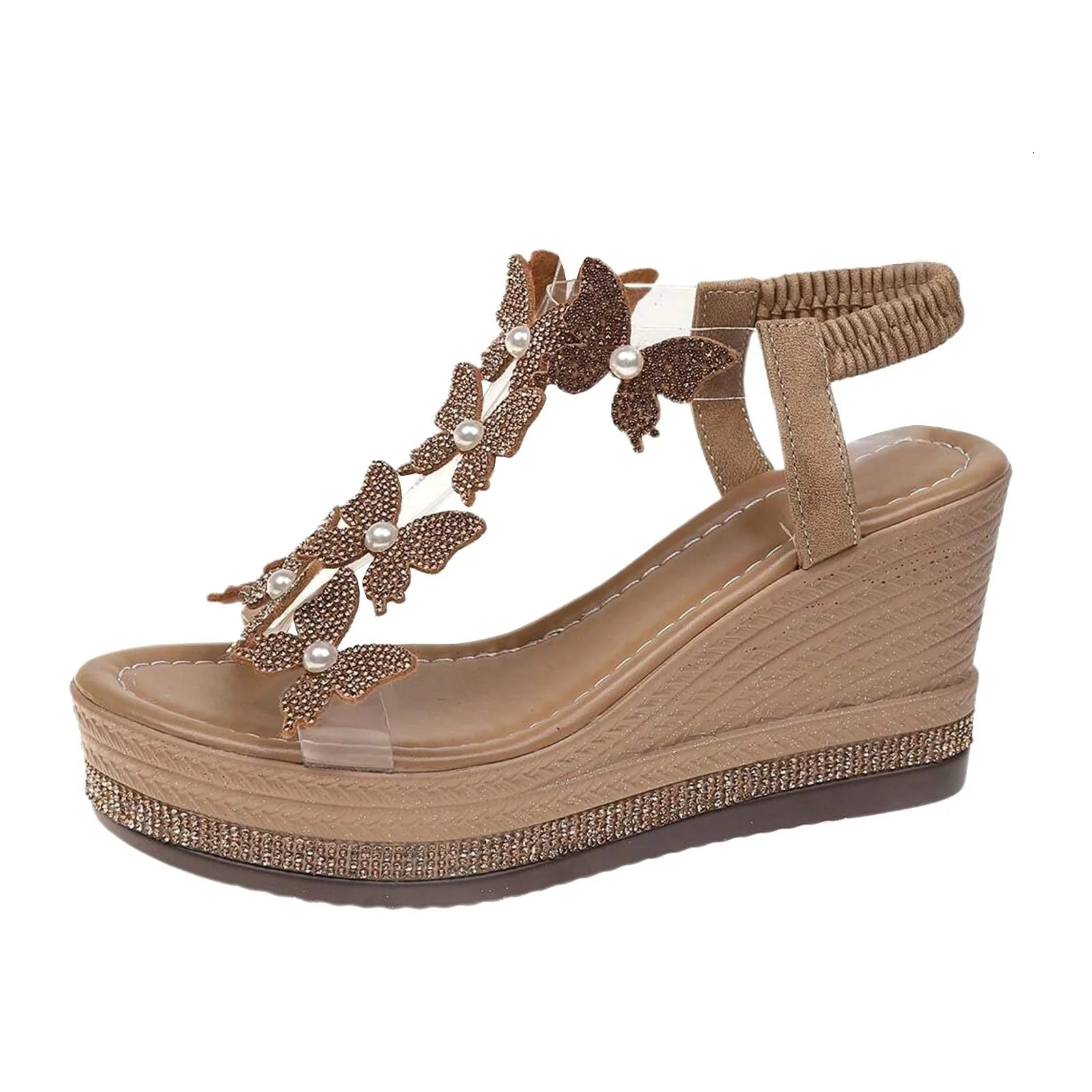 WomenS High Heel Wedge Sandals Platform Fashionable Butterfly Decoration Rhinestones Among Toe For Women Flat 250624