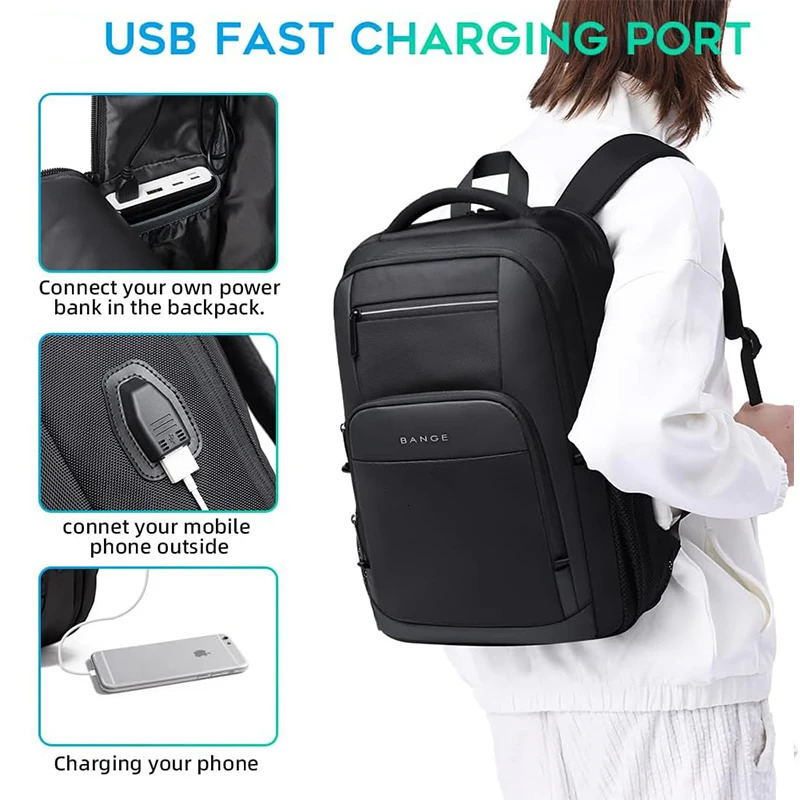BANGE Travel Waterproof Backpack with USB Charging Port Fit 156 Inch Laptop Backpacks for Men and Women Teenager School Bags 250624