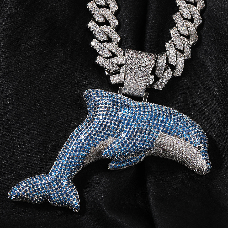 14K Gold Personalized Creative Large Blue Dolphin Pendant Necklace Ins Celebrity Hip Hop Cartoon 5A Cubic Zircon Trendy Cool Collar Hip Hop Rapper Jew