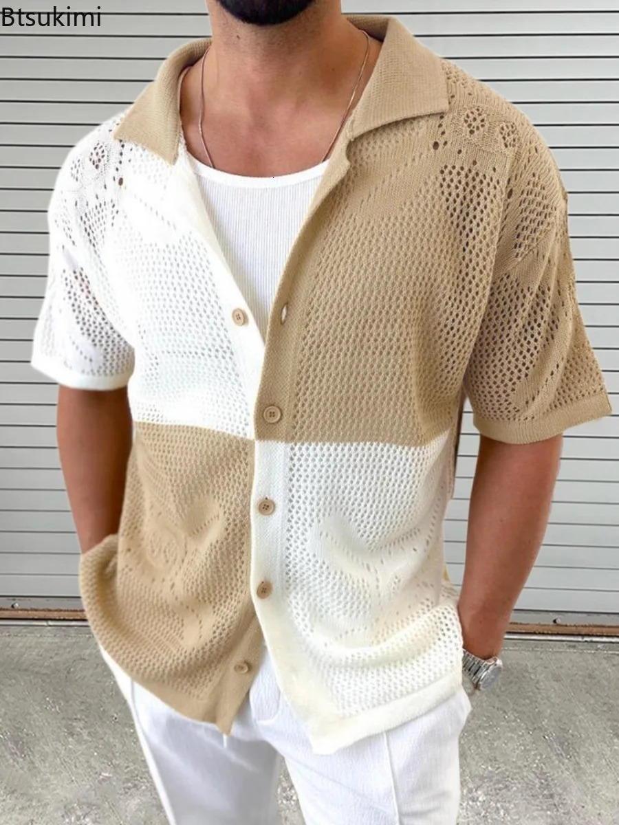 2025 Vintage Knit Hollow Out Shirt for Men Fashion Contrast Color Loose Casual Short Sleeve Cardigan Tops Male Polo Shirt 250617