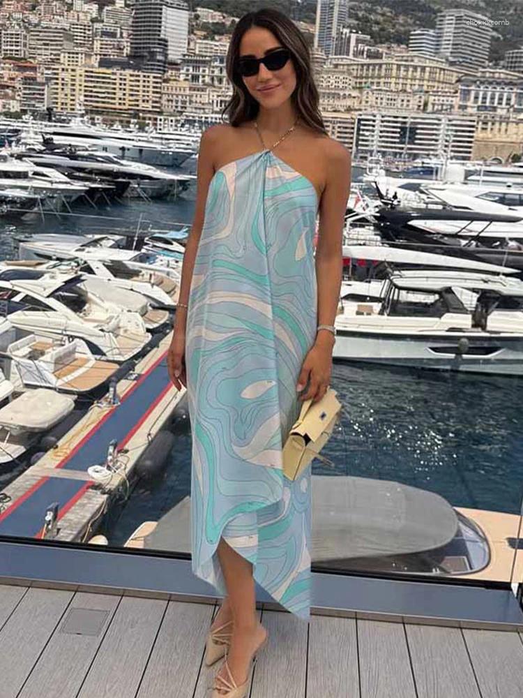 Casual Dresses Printed Ripple Backless Halter Long Dress Woman Loose Irregular Hem Sleeveless Robes Fashion Vacation Women's ddmyMon ddmyMon ddmy