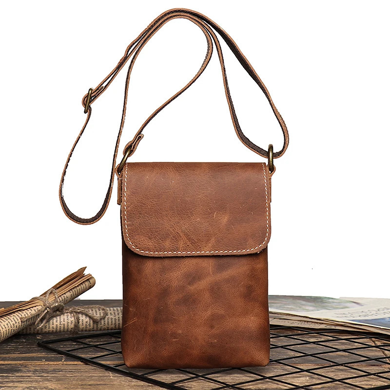 Crazy Horse Leather Small Vintage Sling Crossbody Bag Men Flap Locking Shoulder Simple Mens Phone Key Pocket Bag 250624
