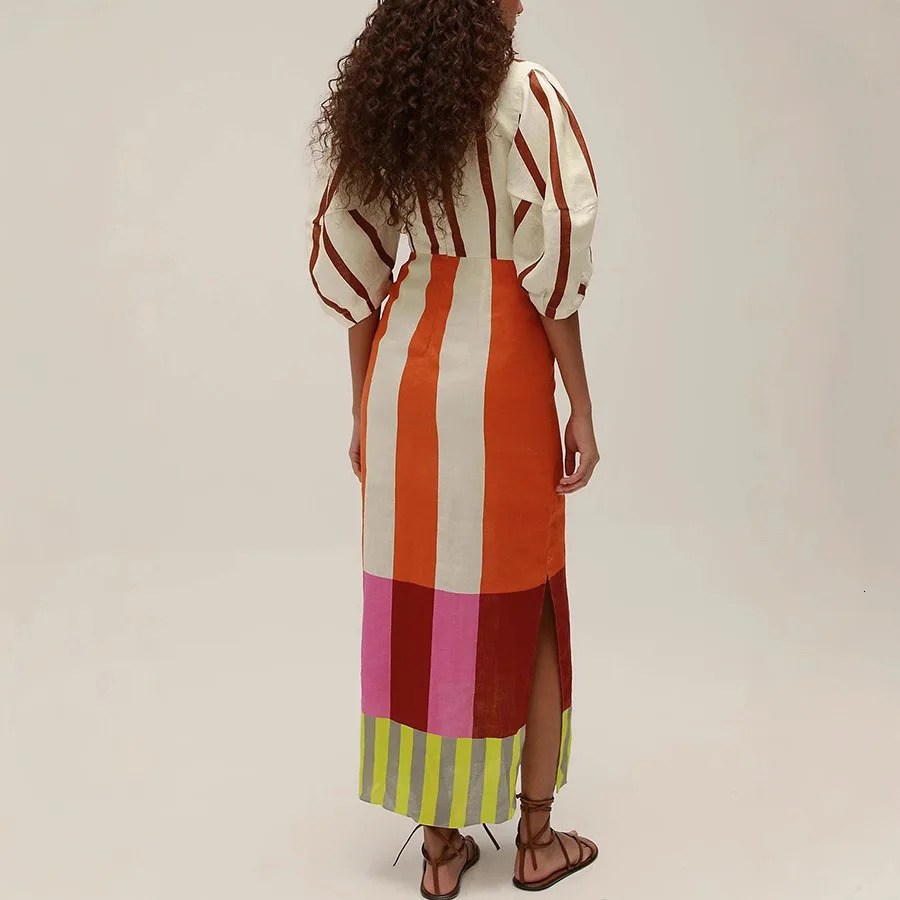 VEITCHE Summer Women Linen Material Long Dresses Fashion Chic Print Sexy Vneck Hollow Out High Waist Party Dress Lady robes 250616