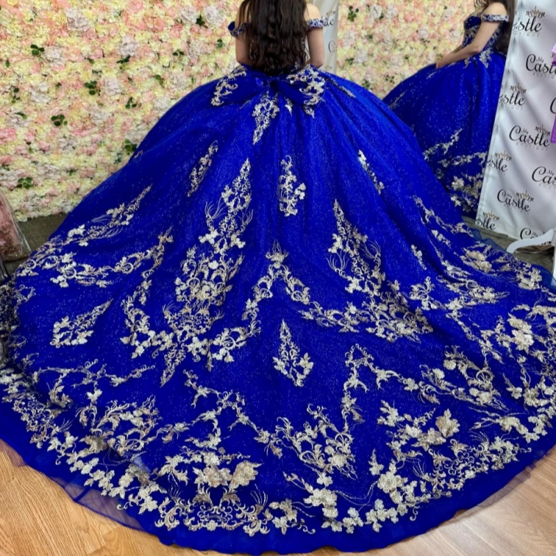 Royal Blue Shiny Quinceanera Dresses Ball Gown Gold Lace Applique Beading Crystal Sweet 16 Dress Vestidos De 15 Anos