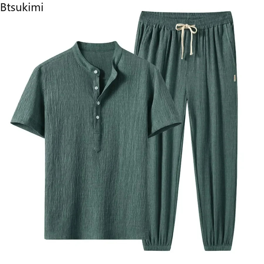 Mens Casual Pant Sets Spring Summer Ice Silk Breathable Short Sleeve T-shirts and Pants Two Pieces Sportswear Outfits Male 250617