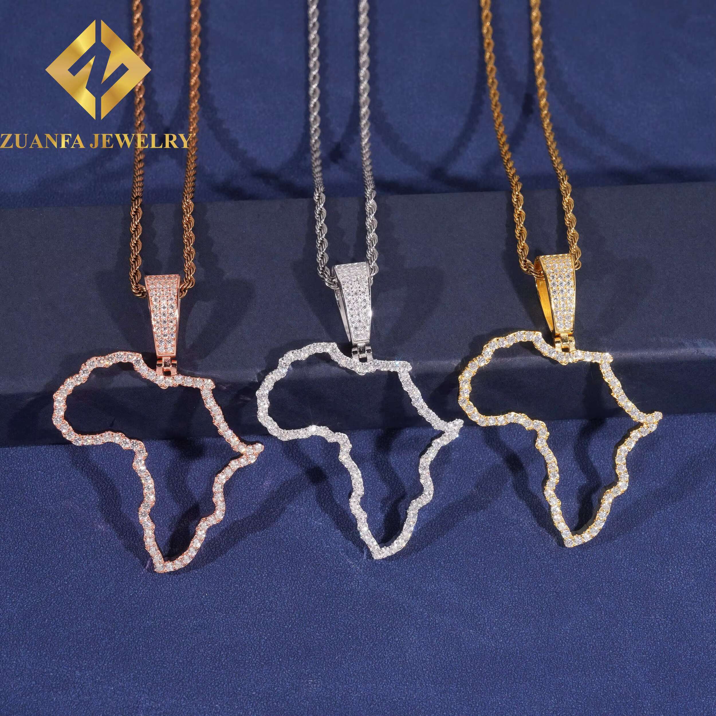 New Trend Fashion Custom Map Pendants 925 Sterling Silver Jewelry Hip Hop Moissanite Diamond Africa Map Pendants Hollow Design