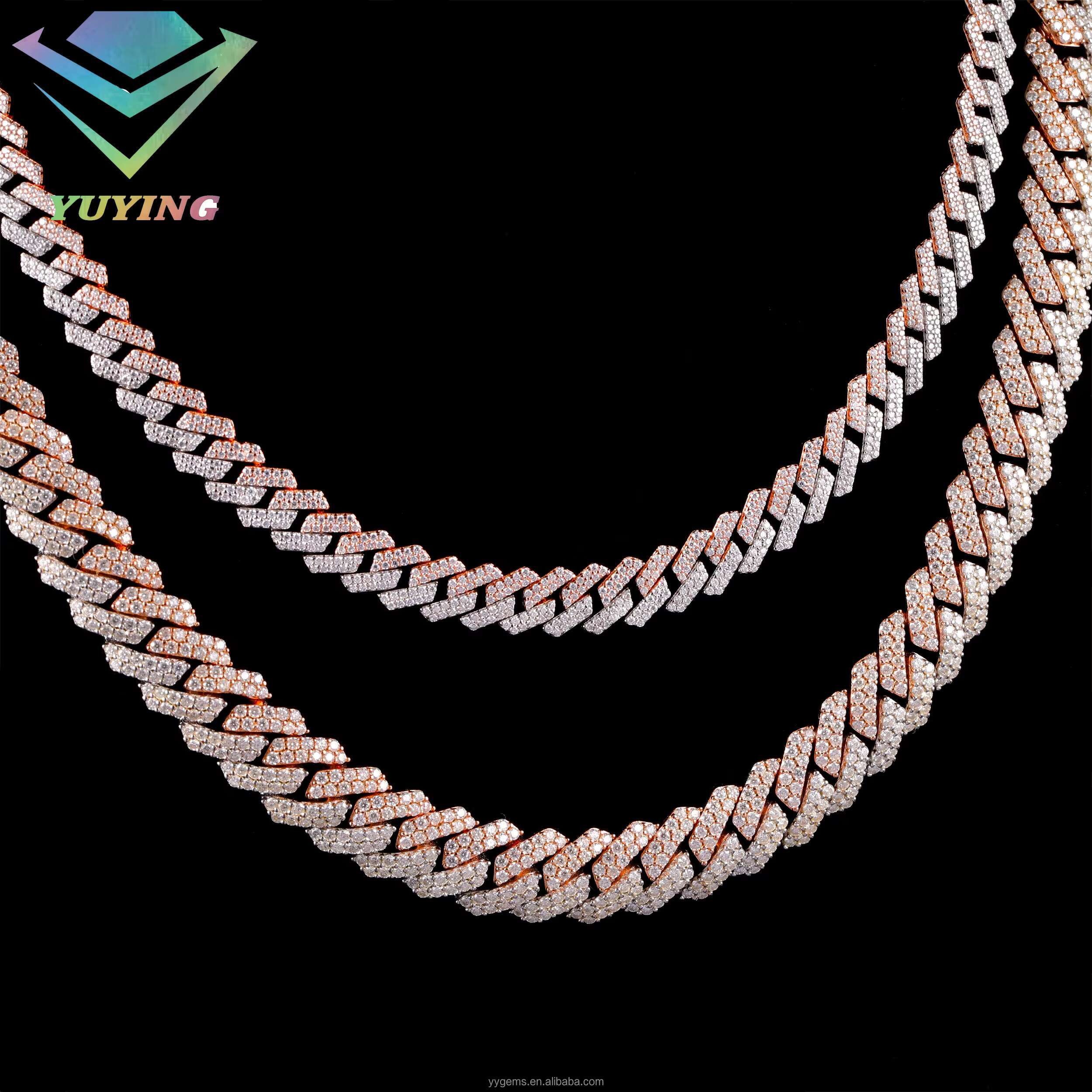 Yy New Design 12mm 2rows 2tones Cuban Link Chian Vvs Moissanite Pass Diamond Tester 925 Silver Fine Jewelry Necklaces for Men