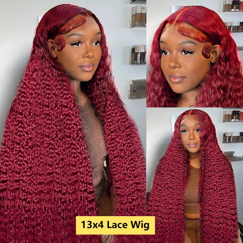 Burgundy Human Frontal HD Lace Wig 13x4 Human Hair 99J Curly Deep Wave Red Lace Front Human Hair Wigs For Women 250 Density Synthetic