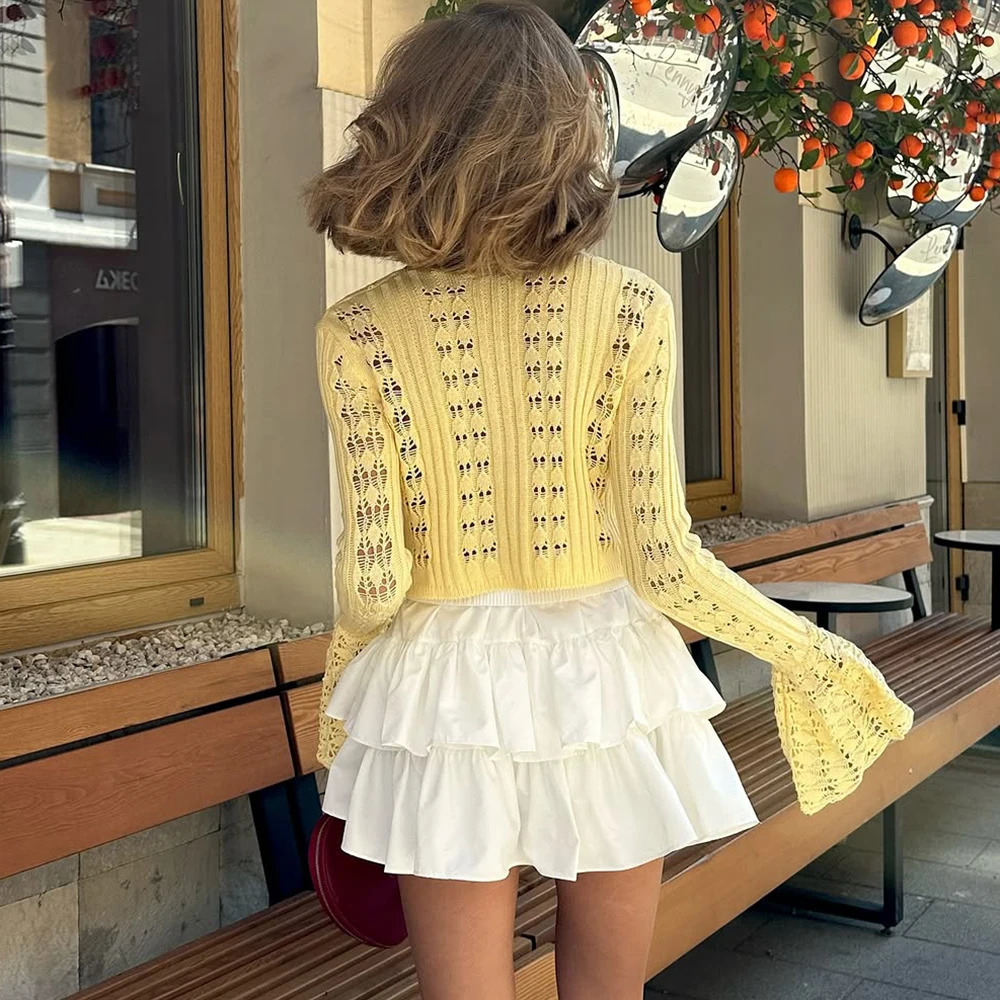 Tuularose Spring Knitted Cardigan Female Solid V-Neck Hollow Out Short Knitted Top Fashion Casual Loose Female T-Shirt 250614