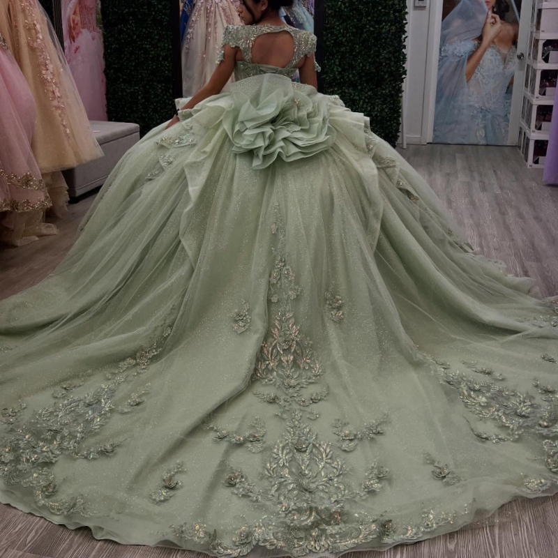 Sage Green Shiny Quinceanera Dresses Ball Gown Off The Shoulder Applique Flower Beading Crystal Tull Corset Sweet 16 Dress Vestidos 15 Anos