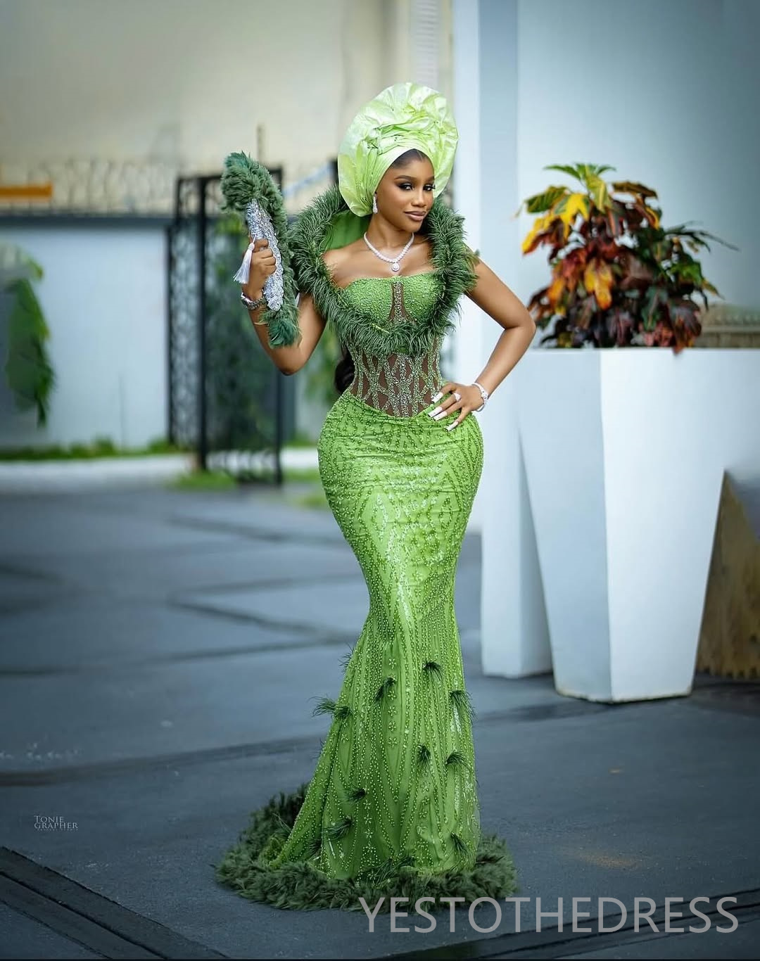 2025 Classic Green Aso Ebi Prom Dress Mermaid Prom Dresses Evening Formal Gowns Feather Portrait Beaded Lace Crystals Birthday Dress Second Reception 