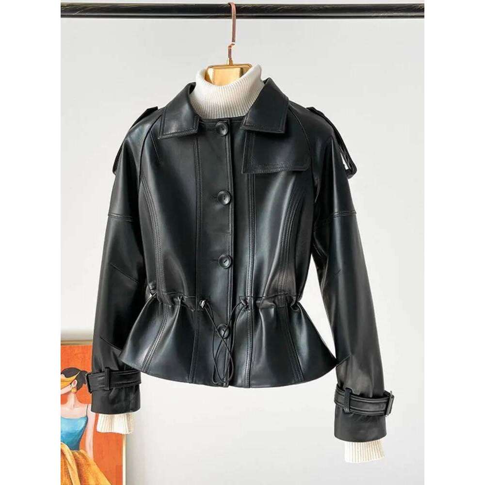 Office Ladies Genuine Leather Jacket Adjustable Waist Slim Fit Sheepskin Short Coat Women Single Breasted Punk Biker Outerwear