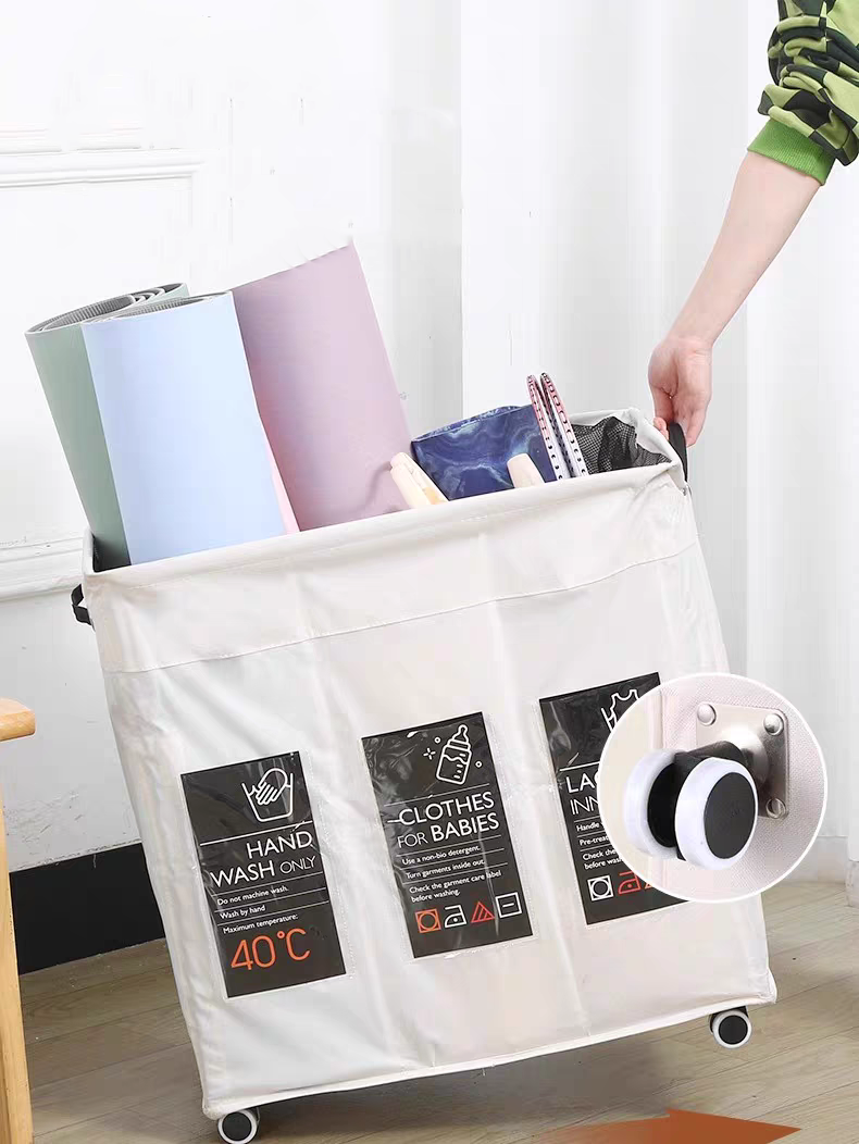 Large capacity foldable dirty clothes basket with wheels and multiple functions