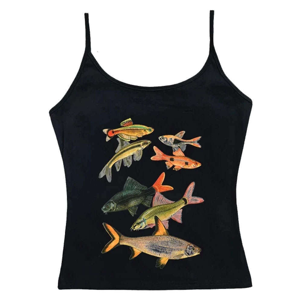 Y2k Abstract Goldfish Print Square Neck Personality Slim Fit Camisole Sexy Street Style Versatile Slimming Casual Tank Top B5