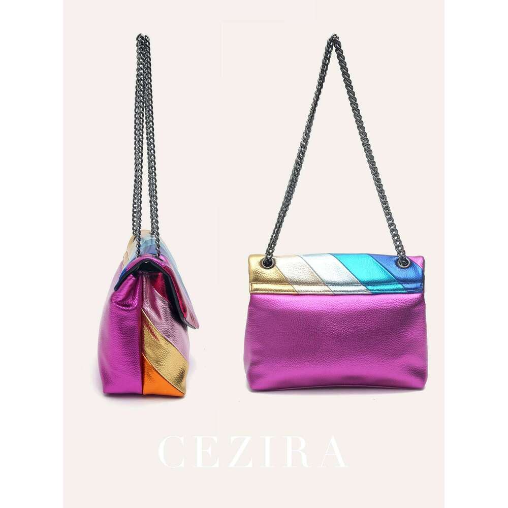 CEZIRA Metallic PU Leather Flap Shoulder Bag For Women Colorful Stripes Patchwork Chain Cross Body Handbag Daily Casual