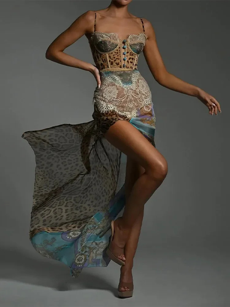 Leopard Print Mesh Sling Vestido Women Chic Chiffon Sleeveless Off Shoulder See Through High Waist Slit Dresses Lady Beach Robes 250616