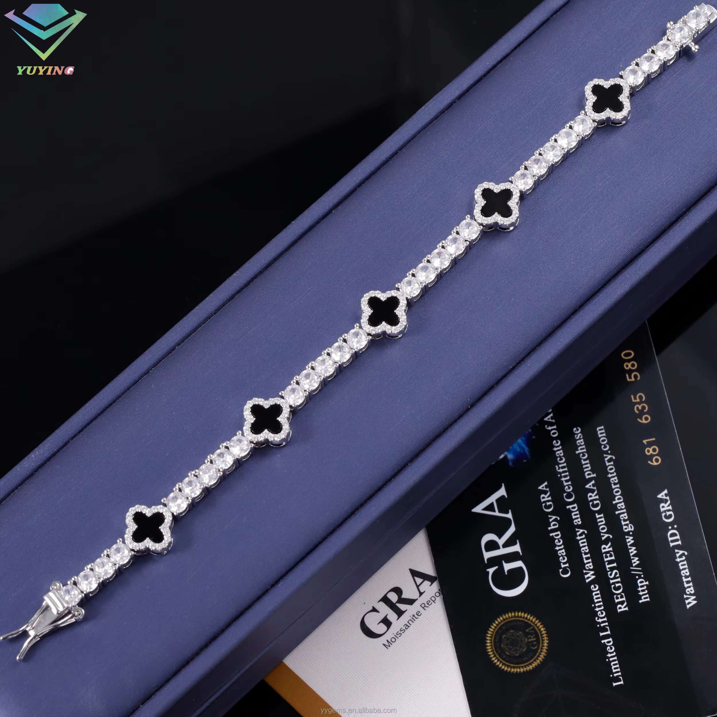 Fashion S925 Silver 3/4/5mm Mossanite Tennis Bracelet Natural Black Agate Onyx Clover Tennis Chain Jewelry Bracelet