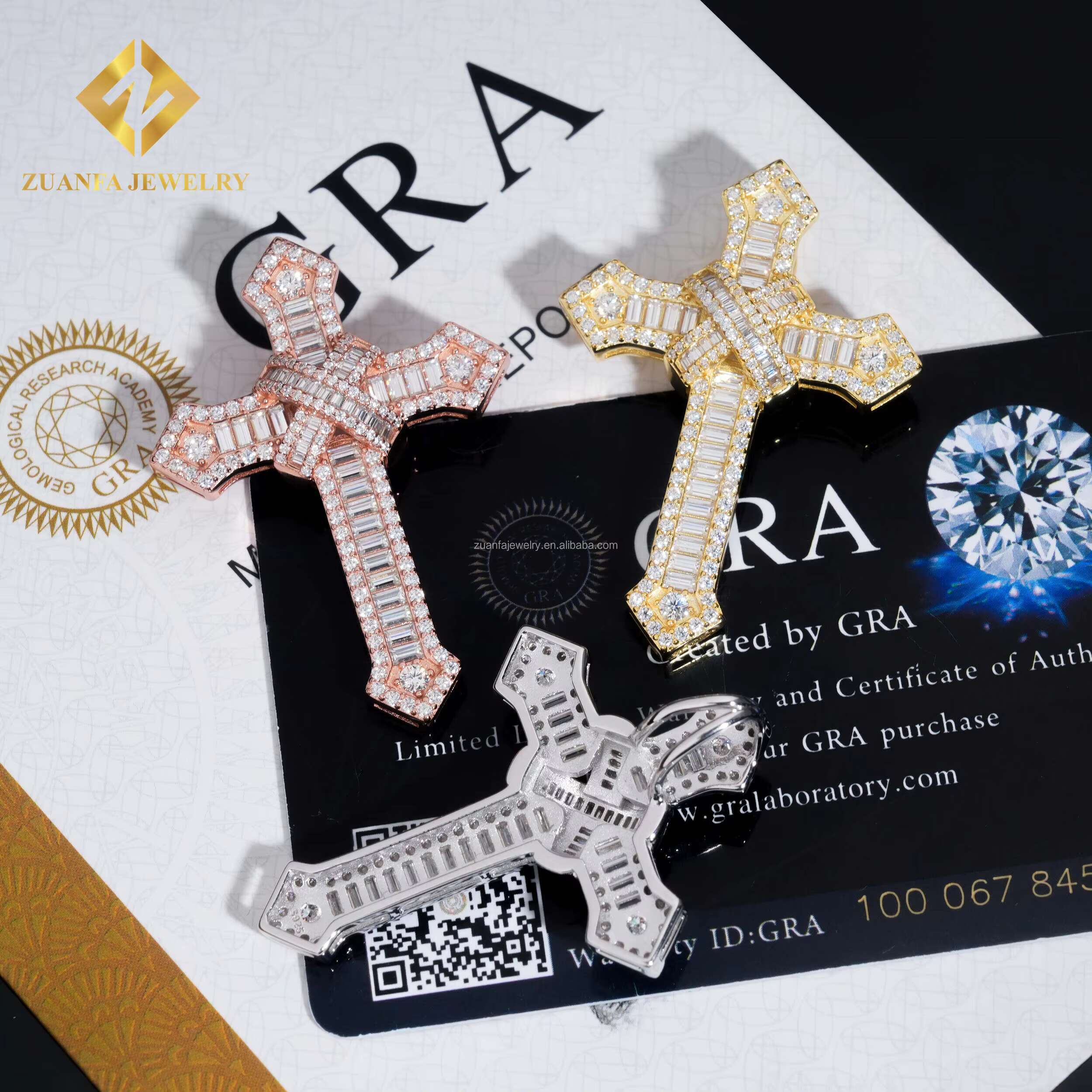 Wholesale Price Pass Diamond Tester GRA Certificate Iced Out Hip Hop Jewelry Baguette Moissanite Diamond Cross Pendant Chain