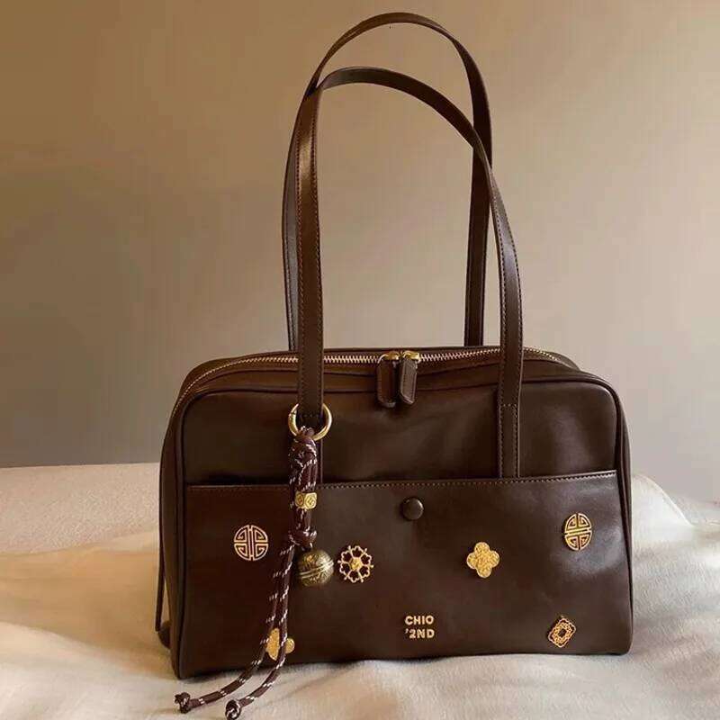 Retro Printed Pendant Boston Women's Shoulder Large Capacity PU Leather Lady Tote Underarm Outdoor Bag