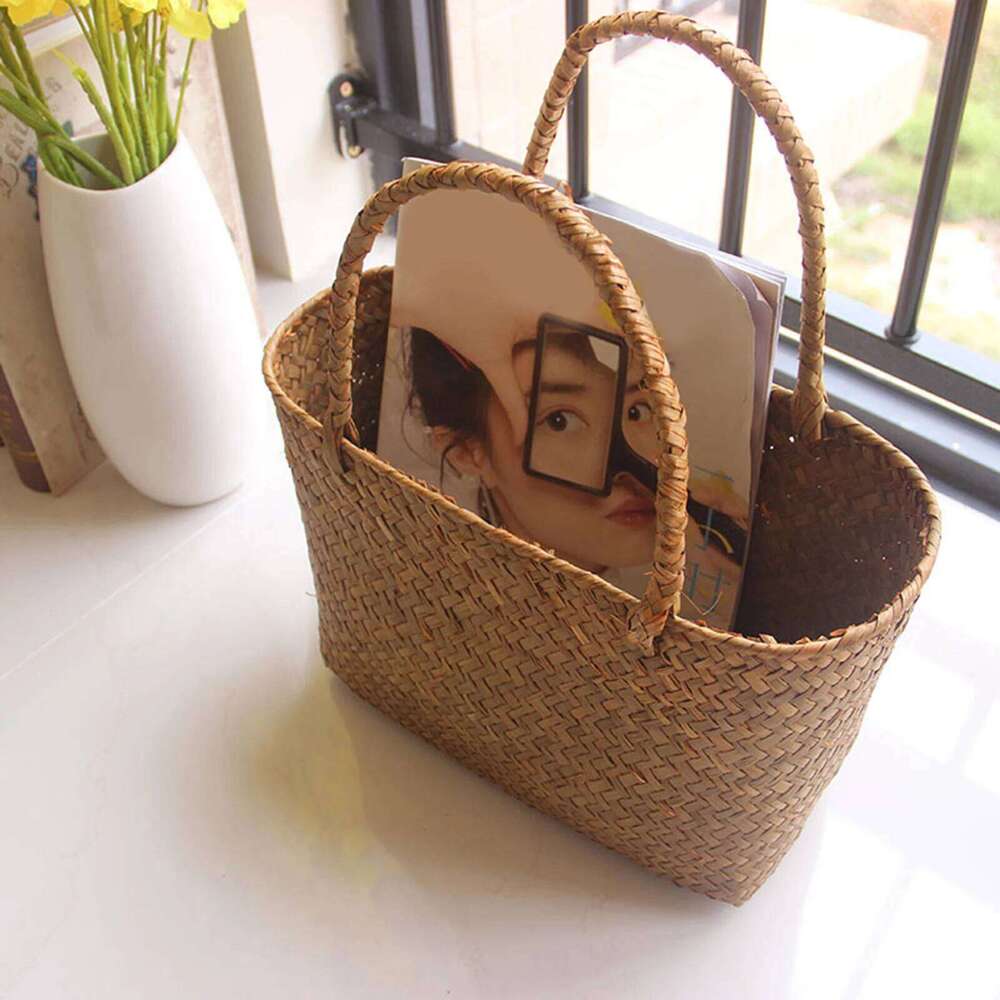 Seaweeds Woven Durable Laundry Basket Market Bag for Outing Picnic Clothes Storage