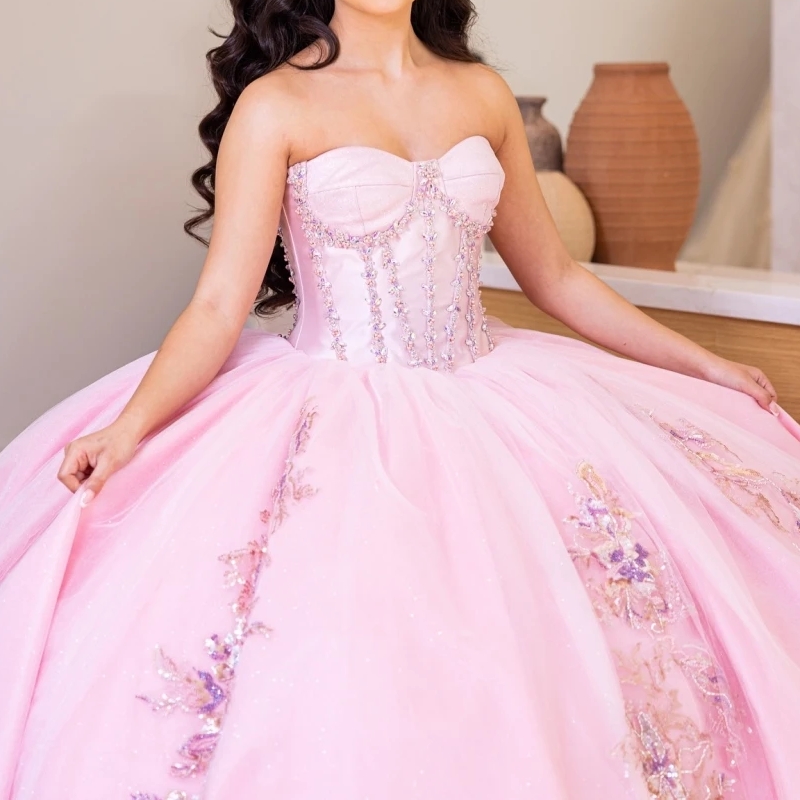 2025 Pink Shiny Quinceanera Dresses Ball Gown Lace Applique Beading Crystal Tull Mexico Corset Sweet 16 Dress Vestido De 15 Anos