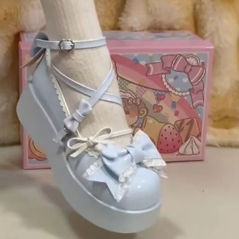 Lovely Girls Lolita Flats Platform Shoes Students Sweet Heart Bowknots Cross Tied Mary Janes 250624