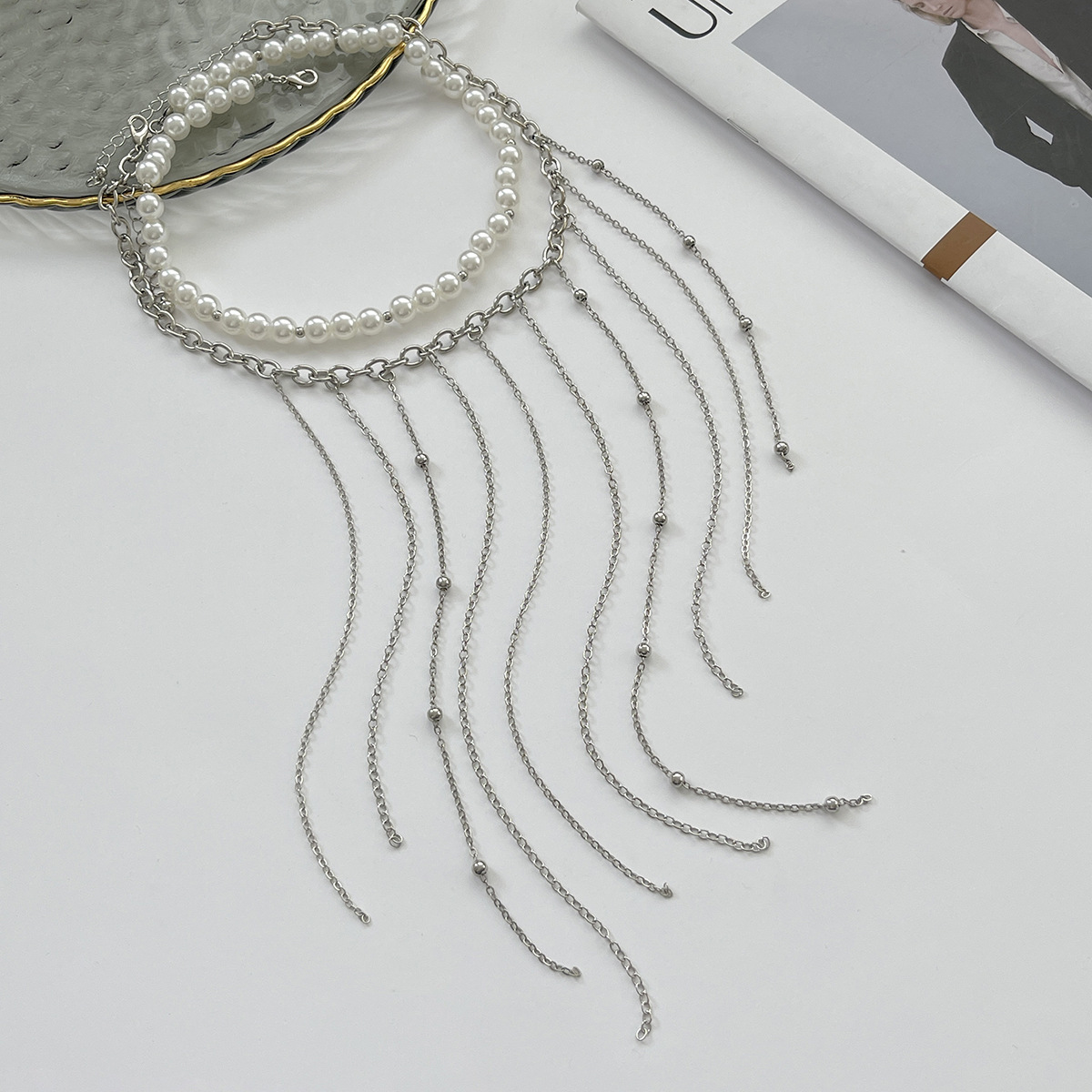 Cross Pendant Clavicle Chain Simple Elegant Imitation Pearl Crystal Tassel Necklace for Women