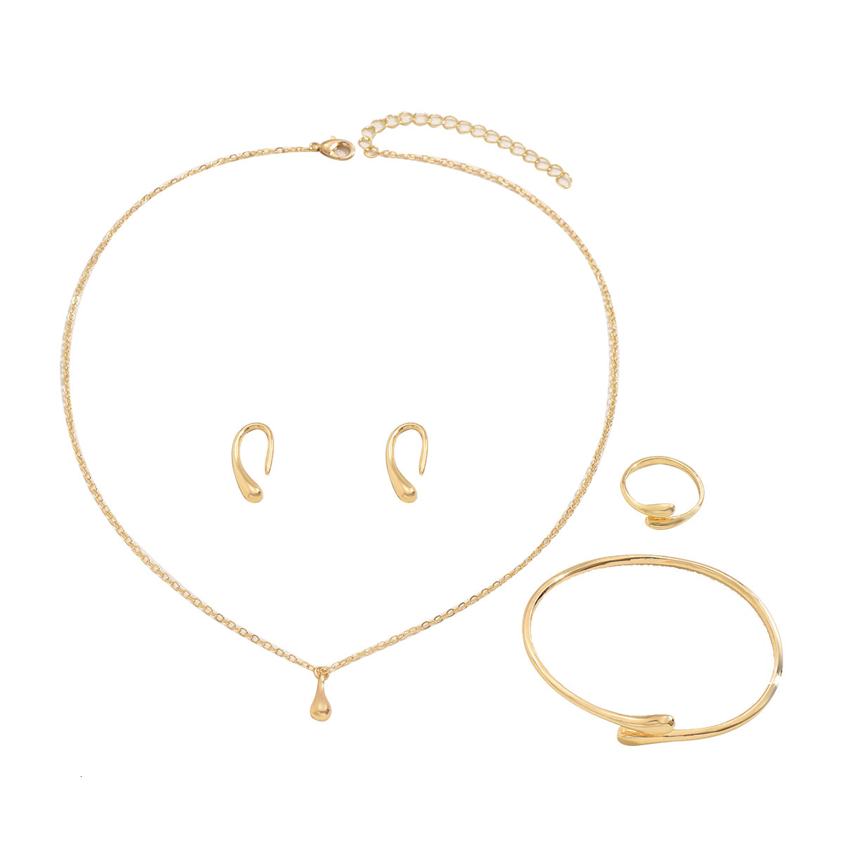 Minimalist Fresh Korean Style Earrings Necklace Jewelry Set For Women Water Drop Design Ring Personality Adjustable Open Bracelet