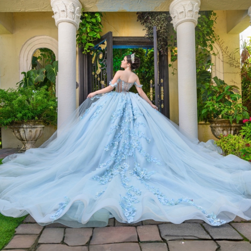 Sky Blue Shiny Quinceanera Dresses Ball Gown Off The Shoulder Applique Flower Beads Tull Corset Sweet 16 Dress Vestidos 15 Anos