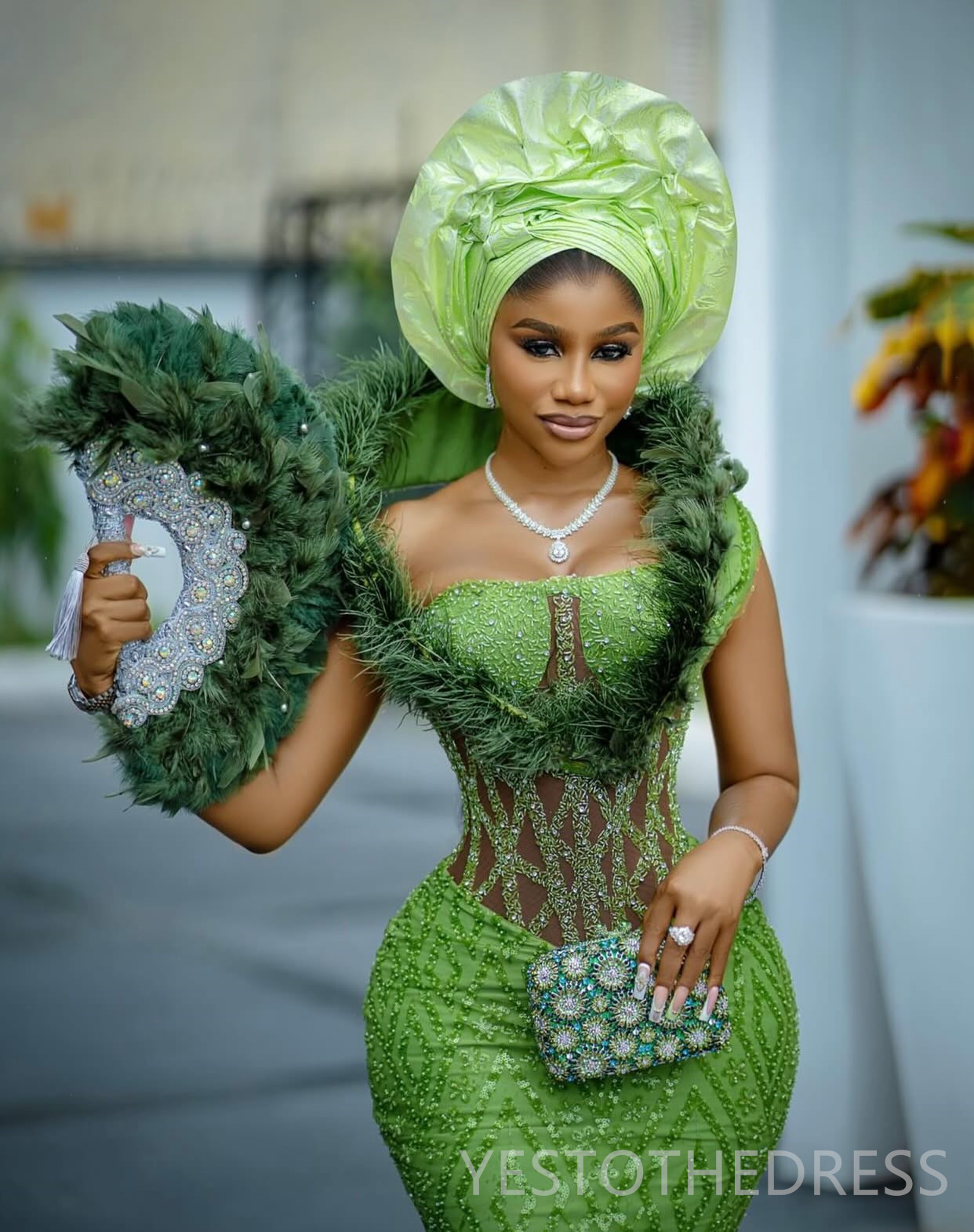 2025 Classic Green Aso Ebi Prom Dress Mermaid Prom Dresses Evening Formal Gowns Feather Portrait Beaded Lace Crystals Birthday Dress Second Reception 