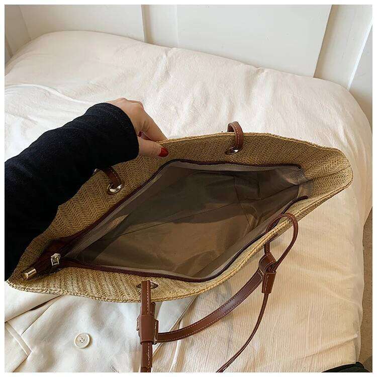 Bags Handheld Straw Woven For Women, Large Capacity Summer Vacation Travel Bucket Commuting Tote Bag, Shopper Bag