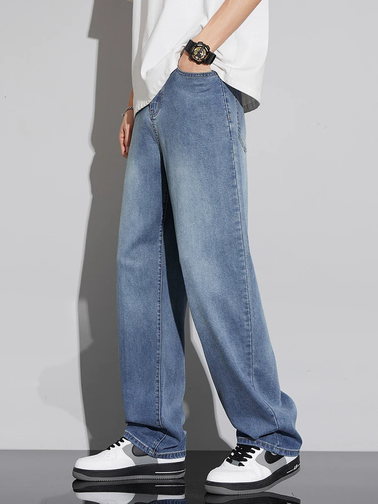Summer Ultra-thin Lyocell Mens Jeans Soft Drape Loose Comfortable Wide-leg Ice Silk Pants Retro Elastic Casual Trousers 250617