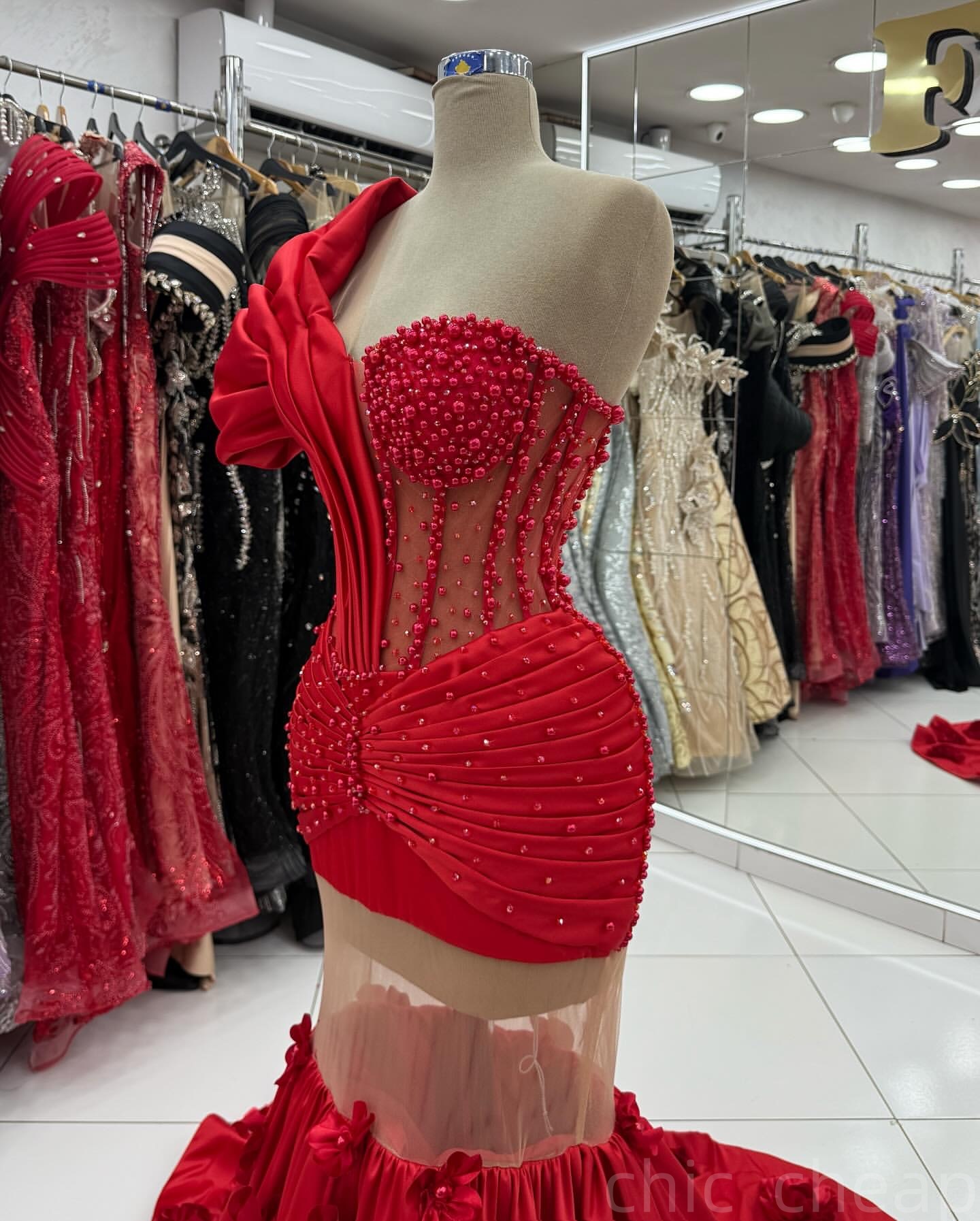 Red Mermaid Prom Dresses 2025 Pearls Beaded Flowers Satin One Shoulder Evening Formal Party Second Birthday Engagement Gowns Plus Size Dress For Speci