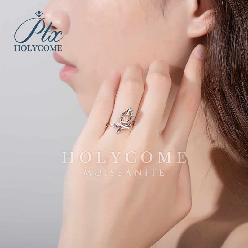 New Arrival Sterling Silver 925 Premium Jewelry Fashion Blossom Bow Ring with Champagne Color Flower Design Moissanite Diamond Ring for Women