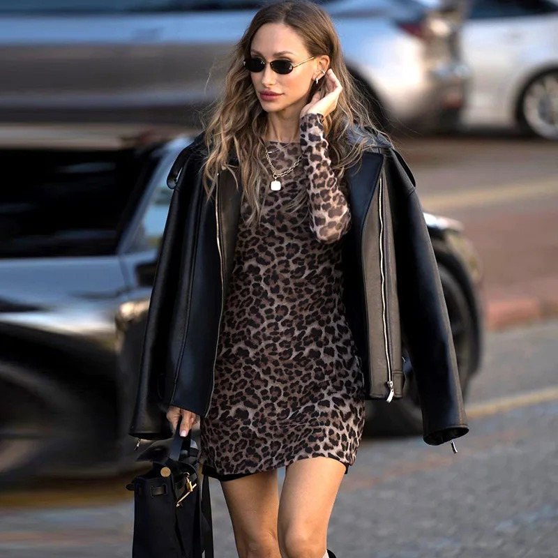 Cryptographic Fashion Leopard Print Long Sleeve Mini Dress Party Club Autumn Two Piece Sets Outfits Mesh Sheer Dresses Vestido 250616