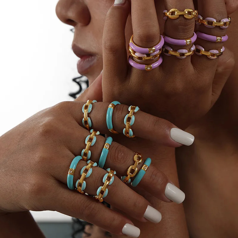 Unique Colorful Enamel Rings For Women In Stainless Steel With 18k Gold Plated Womens Open Ring Aesthetic Woman Jewelry 250624