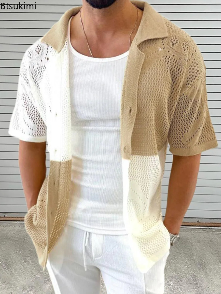 2025 Vintage Knit Hollow Out Shirt for Men Fashion Contrast Color Loose Casual Short Sleeve Cardigan Tops Male Polo Shirt 250617