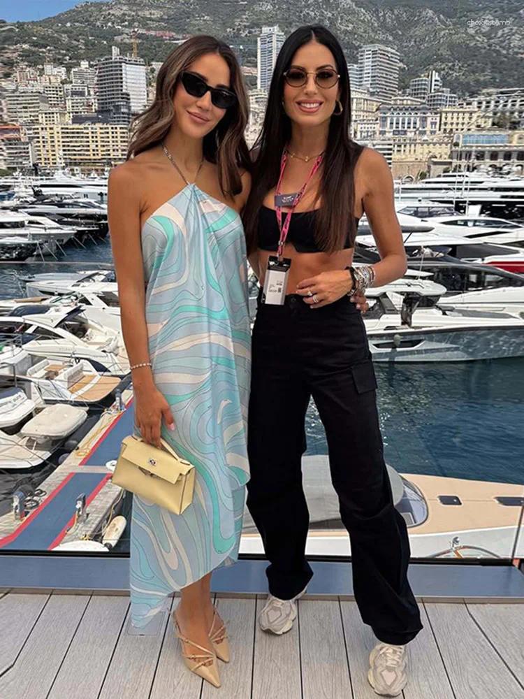 Casual Dresses Printed Ripple Backless Halter Long Dress Woman Loose Irregular Hem Sleeveless Robes Fashion Vacation Women's ddmyMon ddmyMon ddmy