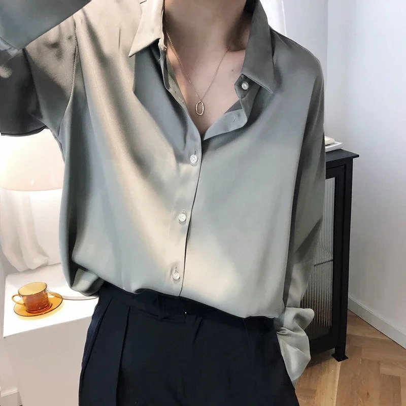 Womens Satin Shirts Elegant Plain Long Sleeve Blouse Office Lady Button-Up Shirt Top Female Crew Neck Shirts Blouse 2025 Spring 250617