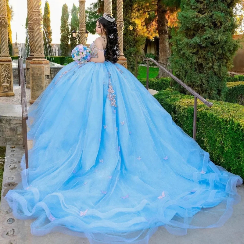 Light Blue Quinceanera Dresses Off The Shoulder Beading Appliques Bow Tull Corset Mexican Girls Sweet 16 Dress Ball Gown Vestidos 15 De Anos