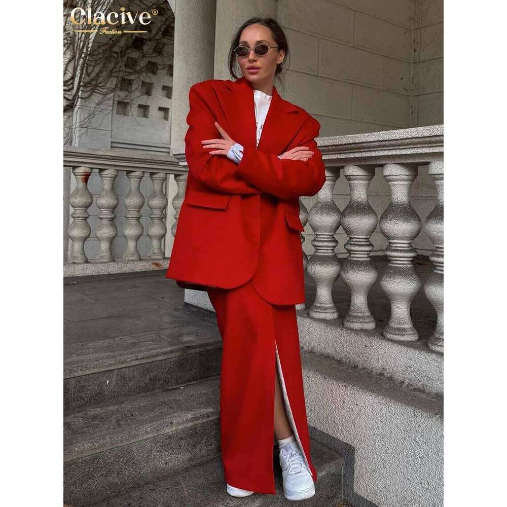 Clacive Fashion Loose Red Office Women's Two Pieces Elegant Sleeve Blazer With High Waist Slit Long Skirt Set Female
